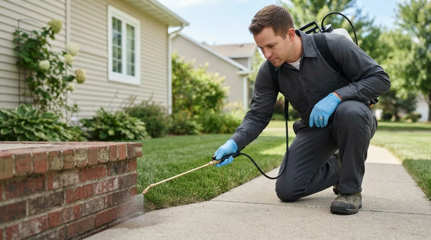 Pest control technician treating a home near Deerfield, MO