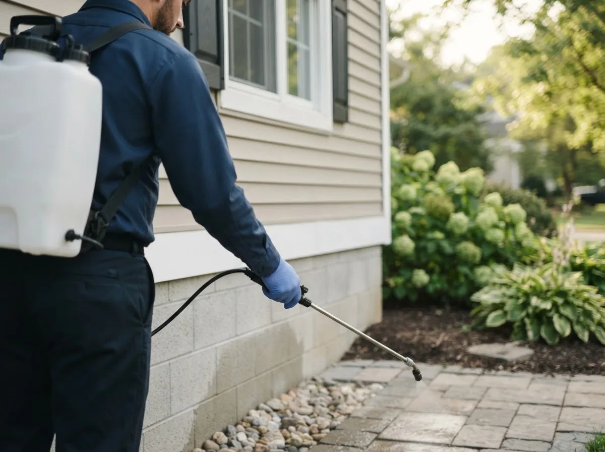 Pest control technician inspecting a home in Deerfield, MO